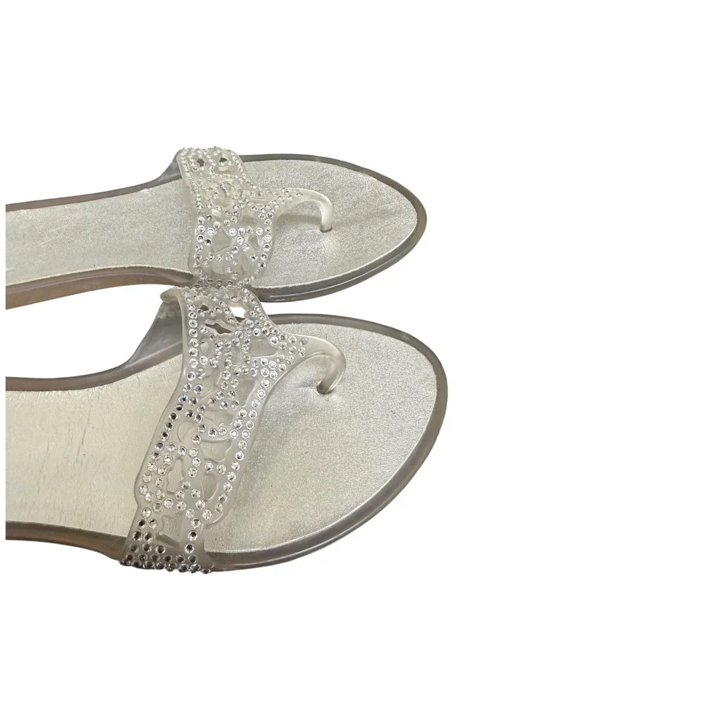 Stuart Weitzman Jelly Sandals Womens 10 Silver‎ Crystal Embellished Thong Flats